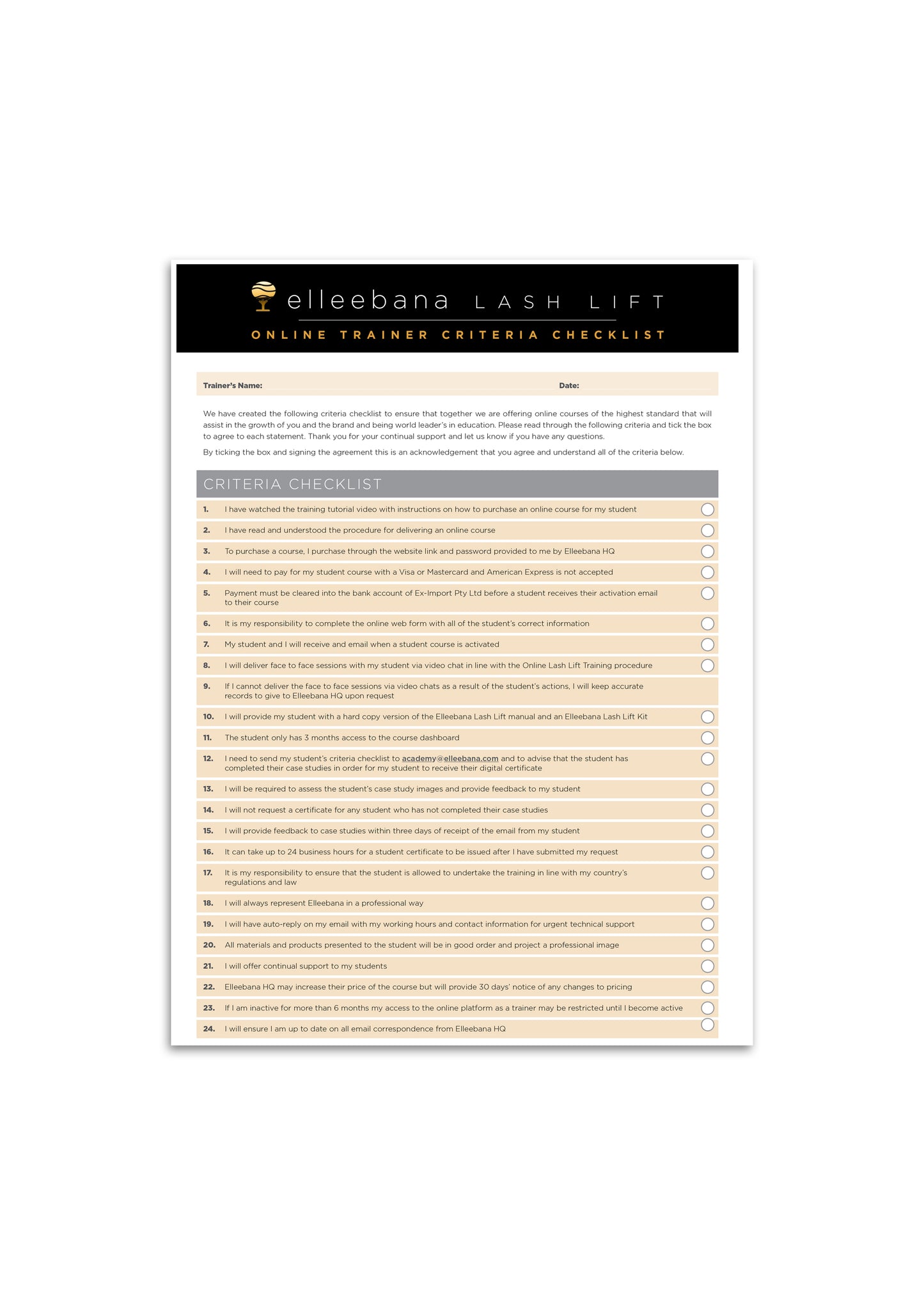 ONLINE TRAINER CRITERIA CHECKLIST