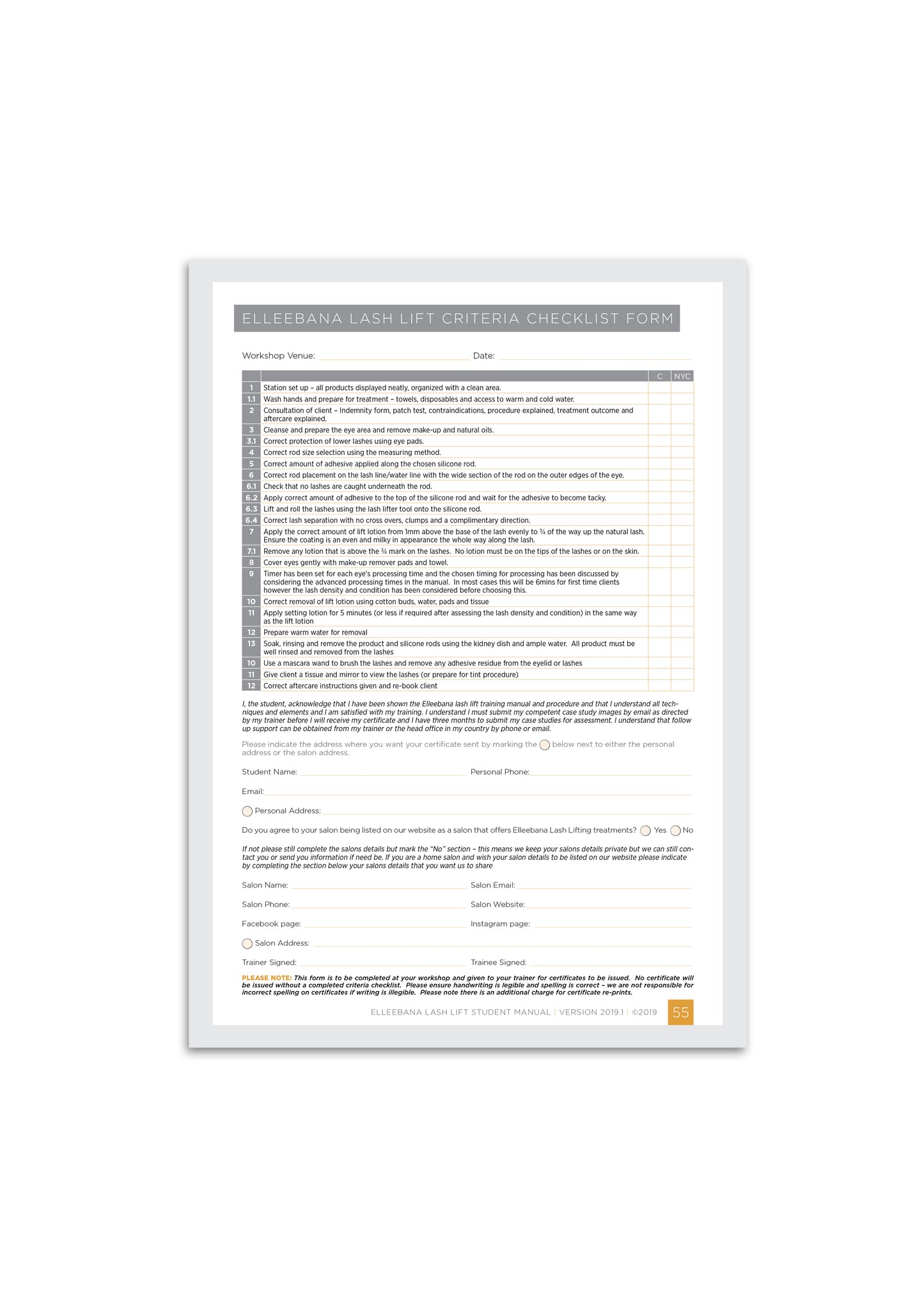 ELLEEBANA LASH LIFT CRITERIA CHECKLIST FORM